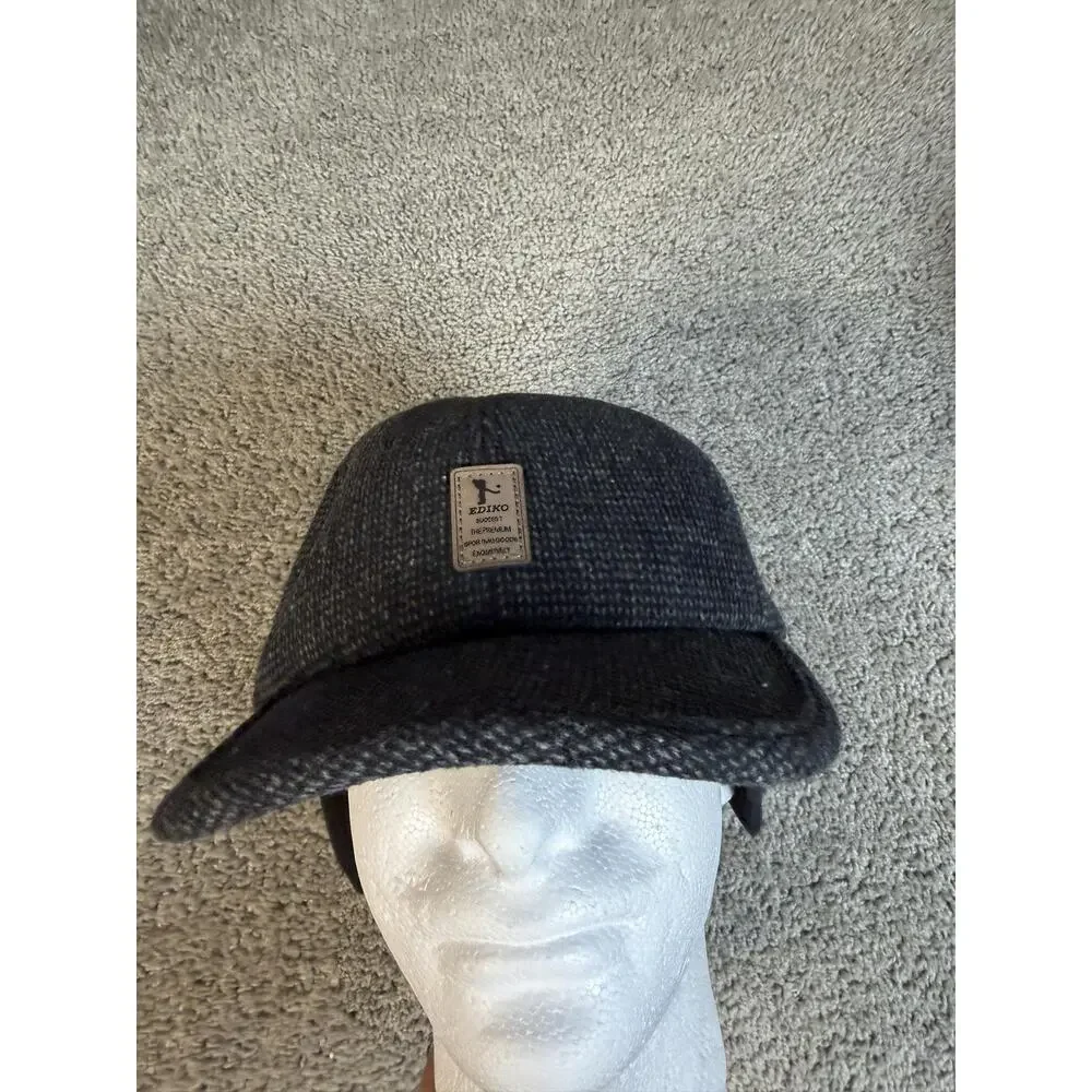EDIKO Hat Trapper Mens One Size Gray Herringbone Tweed Wool Lined Ear Flap